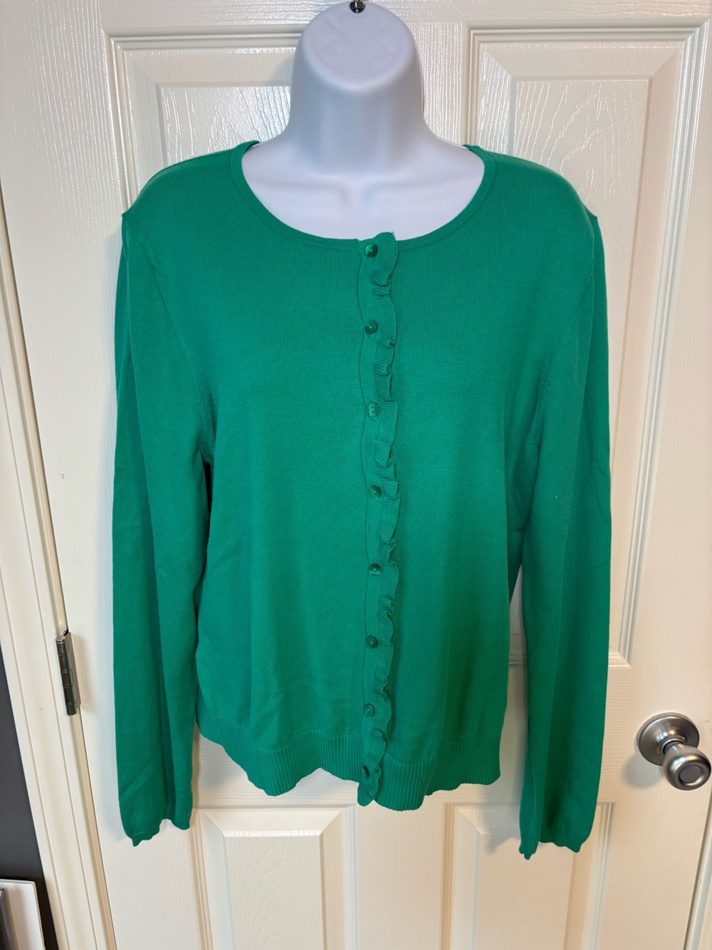 LOFT Green Cardigan with Ruffle Trim
Size Large